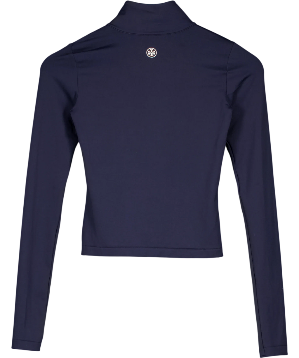 TORY BURCH SPORT Blue Cropped Half-Zip Long-Sleeve Top Navy BLUE, size UK XS — back
