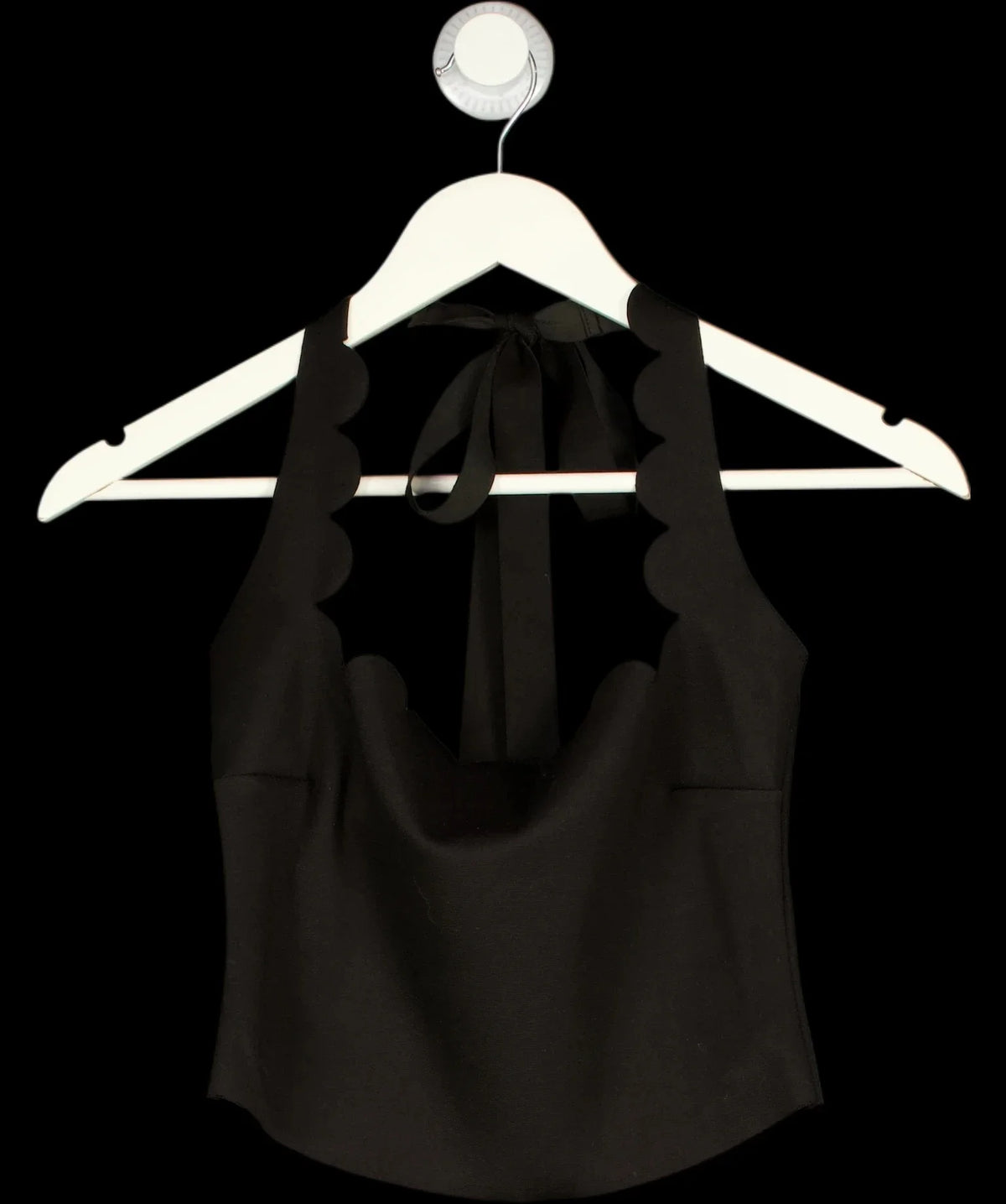 Meshki Black Scalloped Edge Backless Halter Neck Crop Top Black, size UK XS — detail