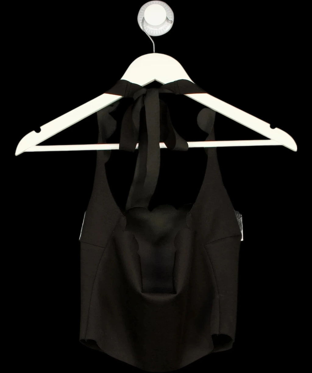 Meshki Black Scalloped Edge Backless Halter Neck Crop Top Black, size UK XS — label