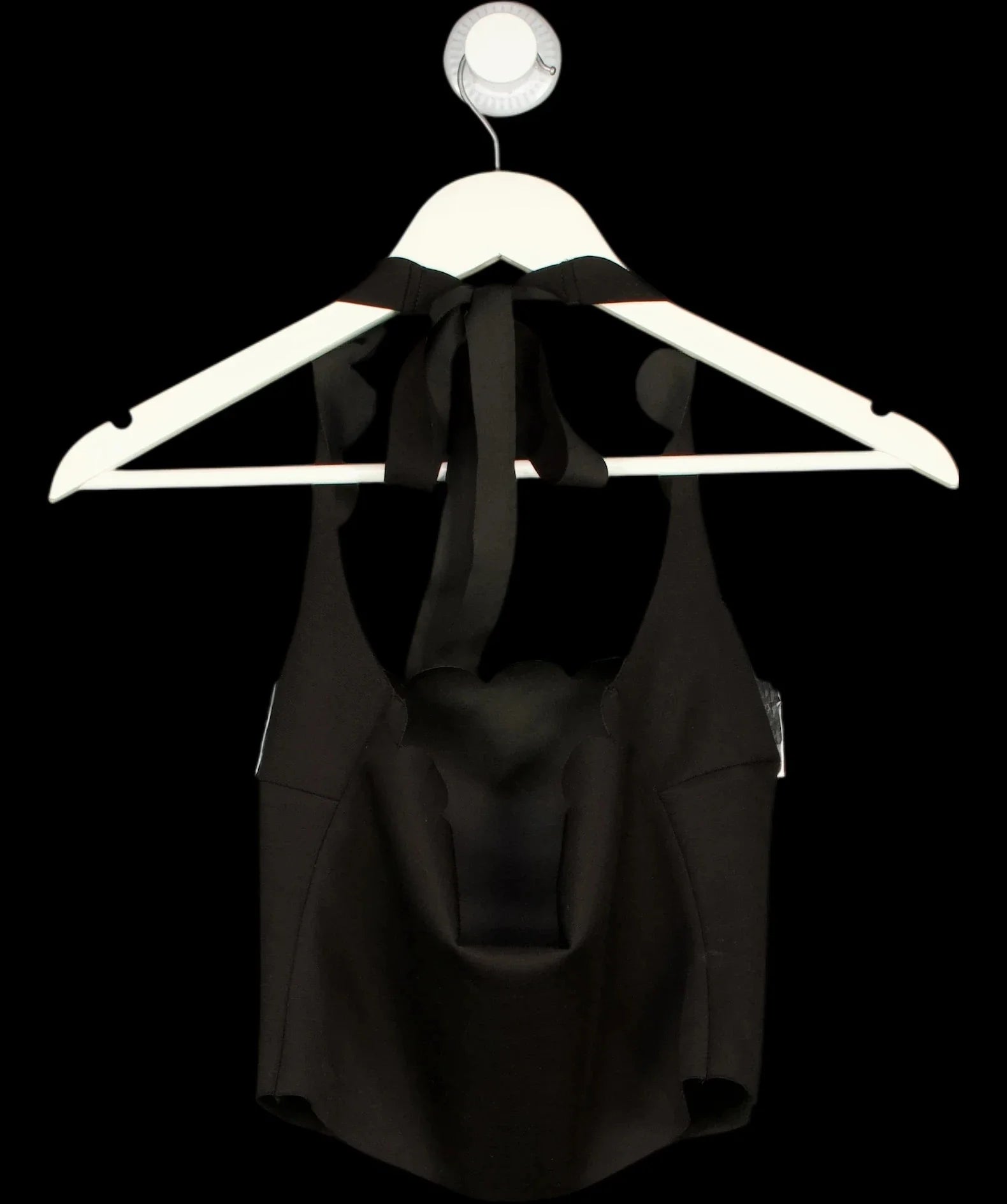 Meshki Black Scalloped Edge Backless Halter Neck Crop Top Black, size UK XS — label