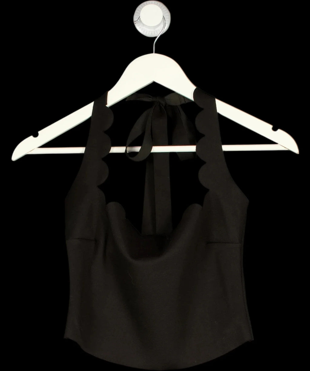 Meshki Black Scalloped Edge Backless Halter Neck Crop Top Black, size UK XS — care label
