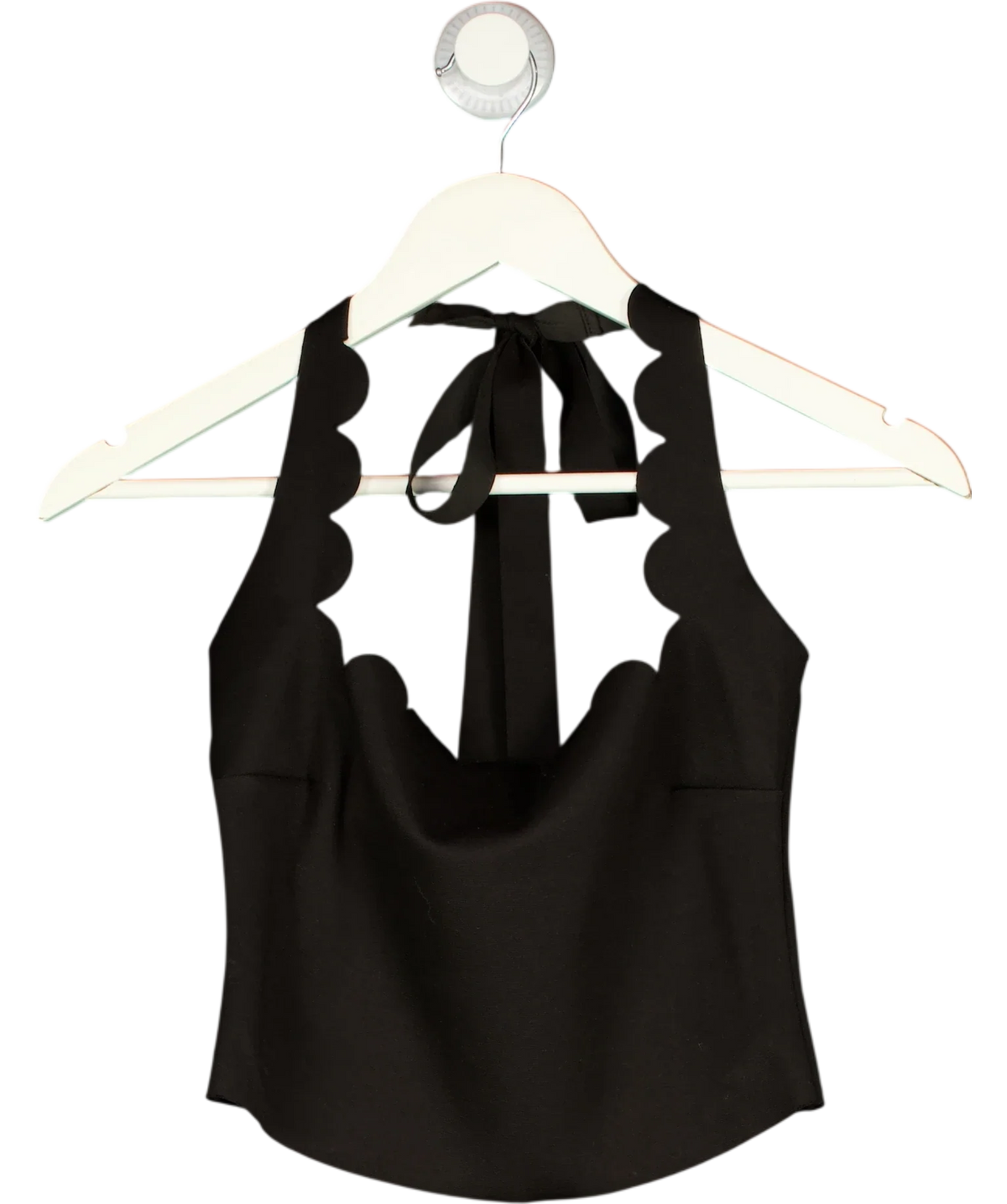 Meshki Black Scalloped Edge Backless Halter Neck Crop Top Black, size UK XS — front