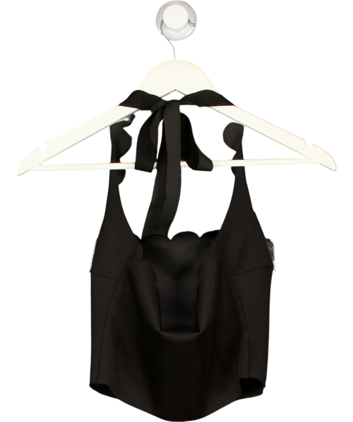 Meshki Black Scalloped Edge Backless Halter Neck Crop Top Black, size UK XS — back