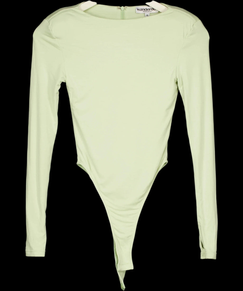 WANDERDOLL Green PALE Green High-Cut Long Sleeve Bodysuit, size UK XS — care label
