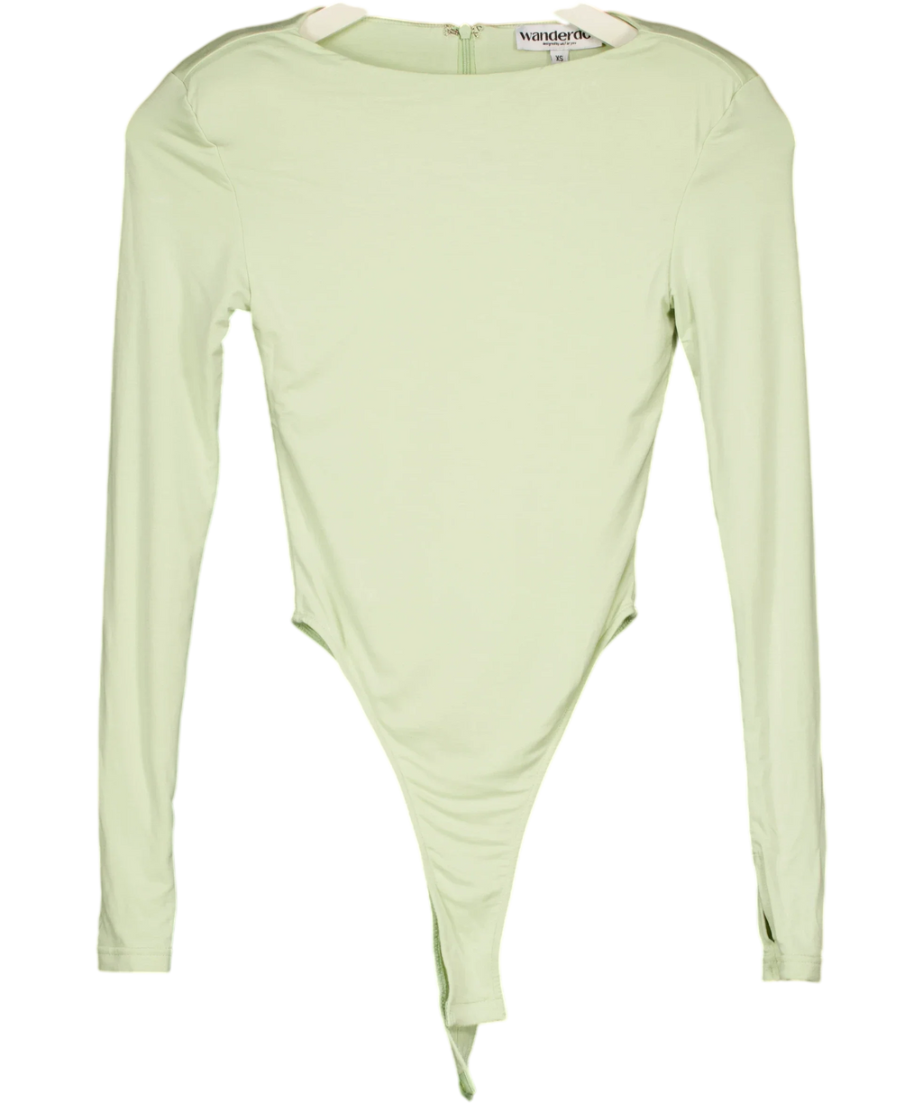 WANDERDOLL Green PALE Green High-Cut Long Sleeve Bodysuit, size UK XS — front