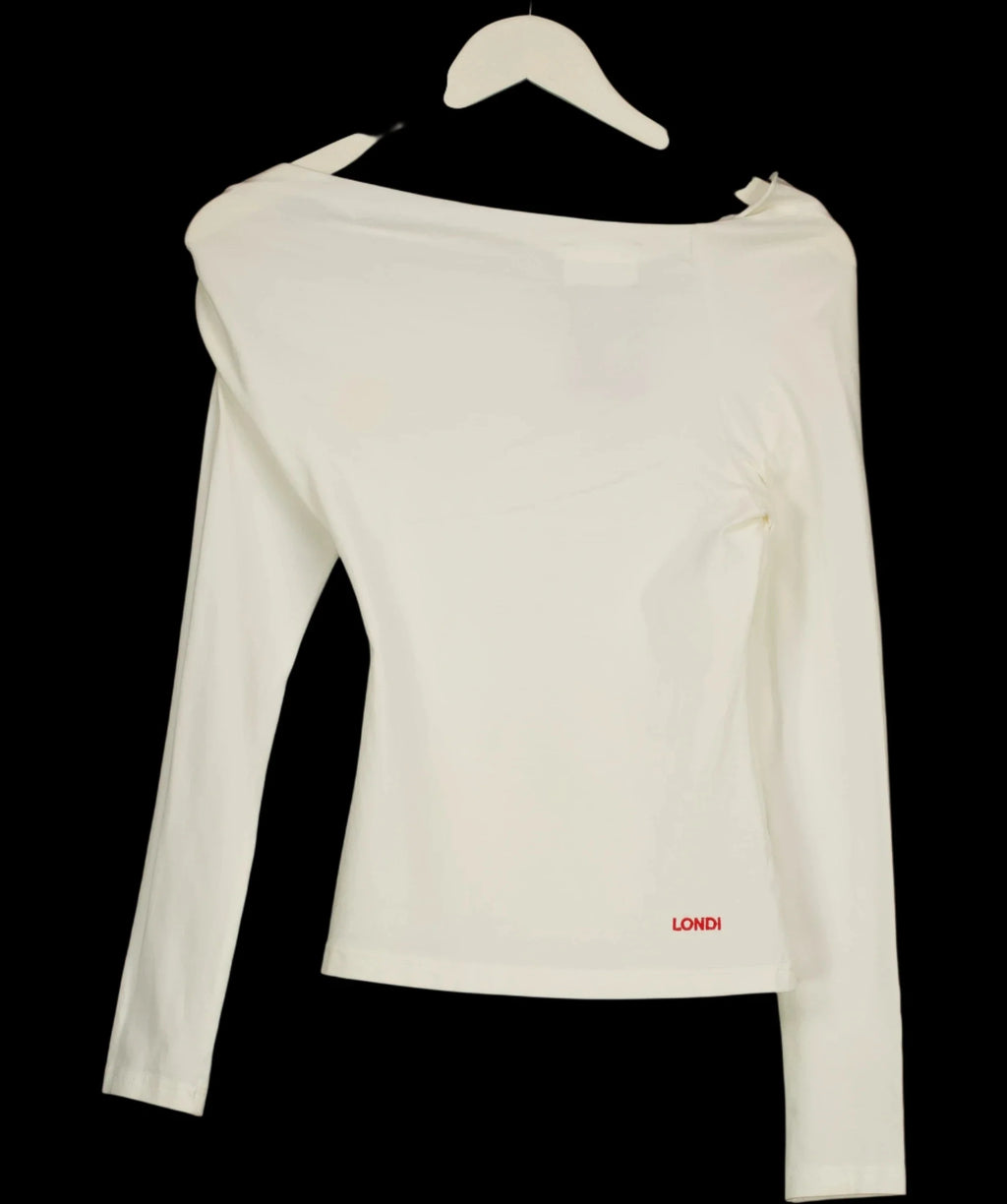 LONDI Cream Cream Asymmetric Off-Shoulder Long Sleeve Top, size UK M — label