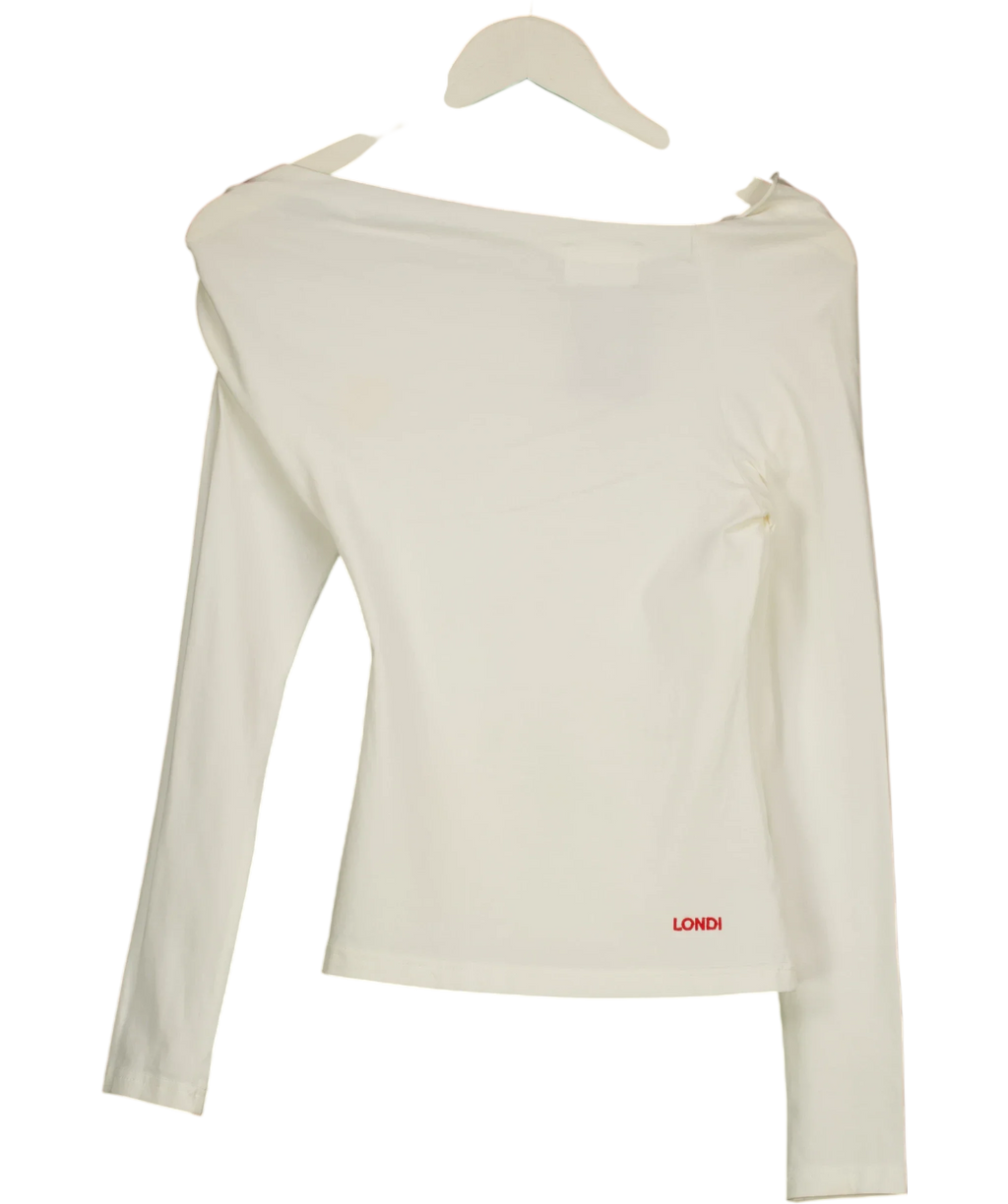 LONDI Cream Cream Asymmetric Off-Shoulder Long Sleeve Top, size UK M — back