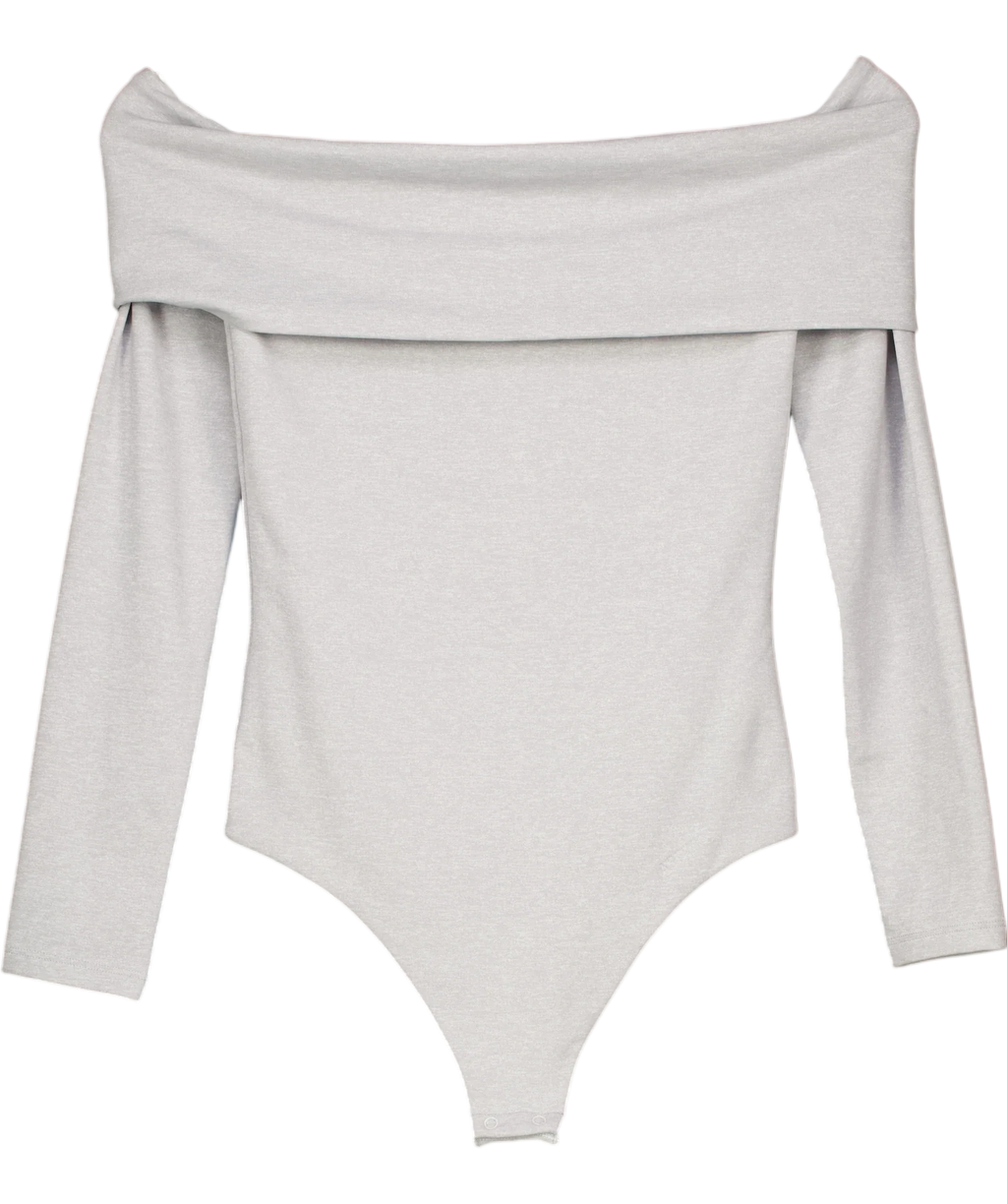 ARITZIA Grey Contour Off-Shoulder Long Sleeve Bodysuit in Light Heather Grey, size UK S — front