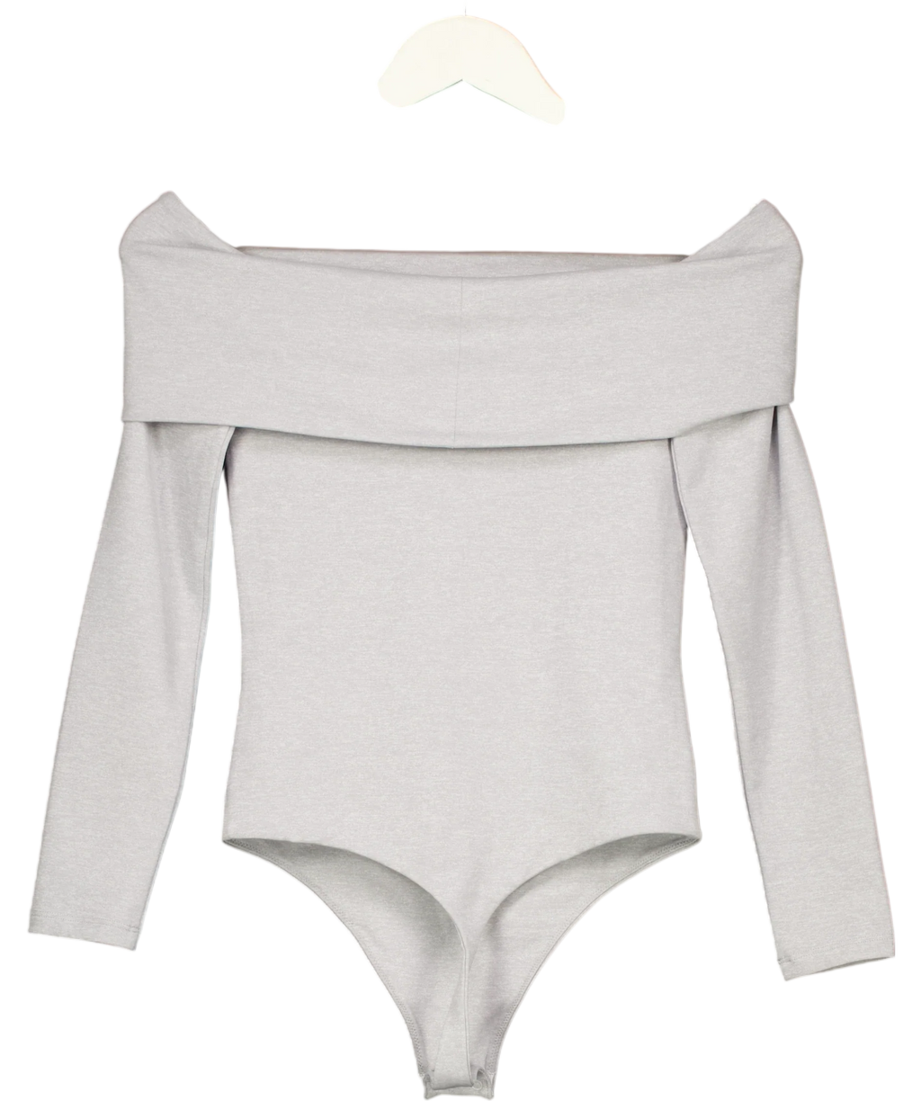 ARITZIA Grey Contour Off-Shoulder Long Sleeve Bodysuit in Light Heather Grey, size UK S — back