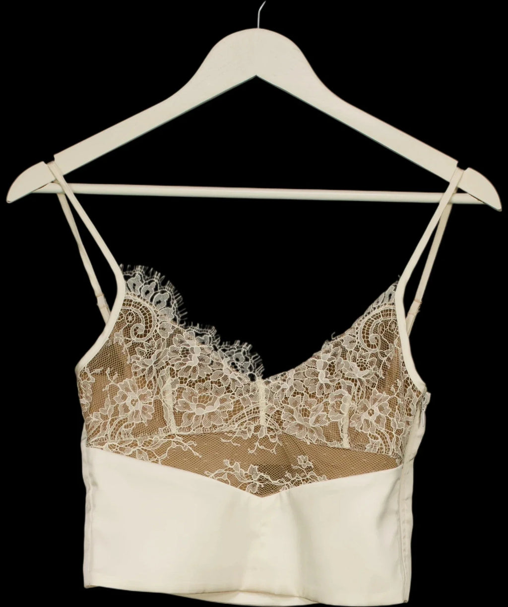 OH POLLY Cream Lace Panel Satin Cropped Cami Top Cream, size UK 6 — detail