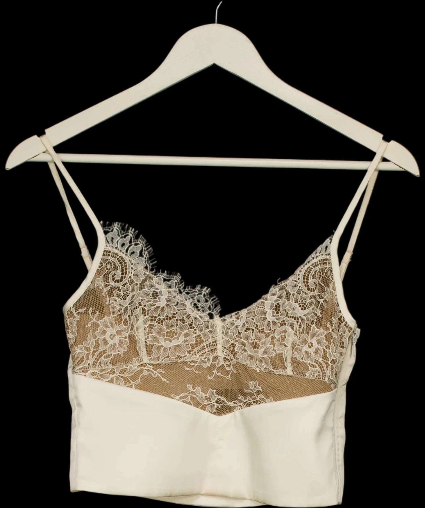 OH POLLY Cream Lace Panel Satin Cropped Cami Top Cream, size UK 6 — care label