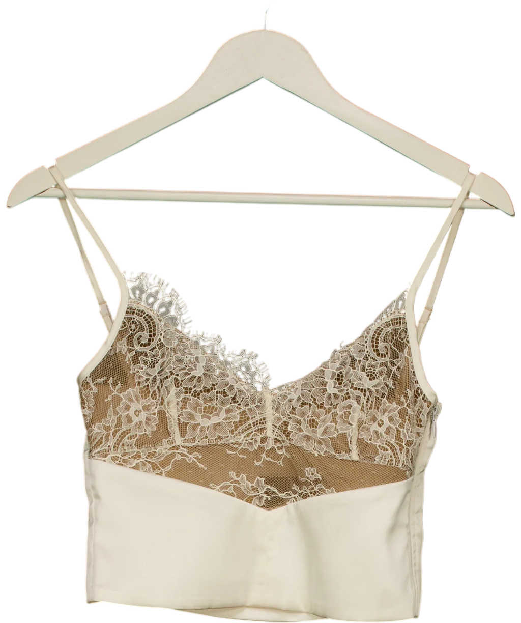 OH POLLY Cream Lace Panel Satin Cropped Cami Top Cream, size UK 6 — front