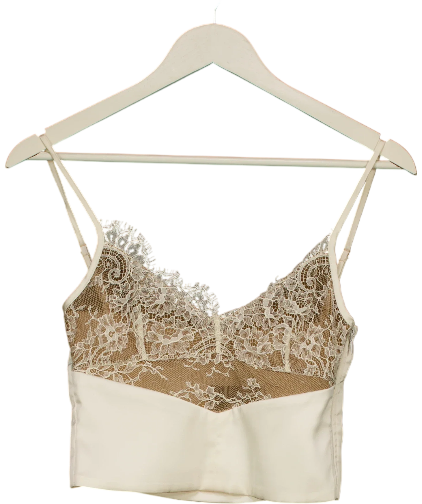 OH POLLY Cream Lace Panel Satin Cropped Cami Top Cream, size UK 6 — front
