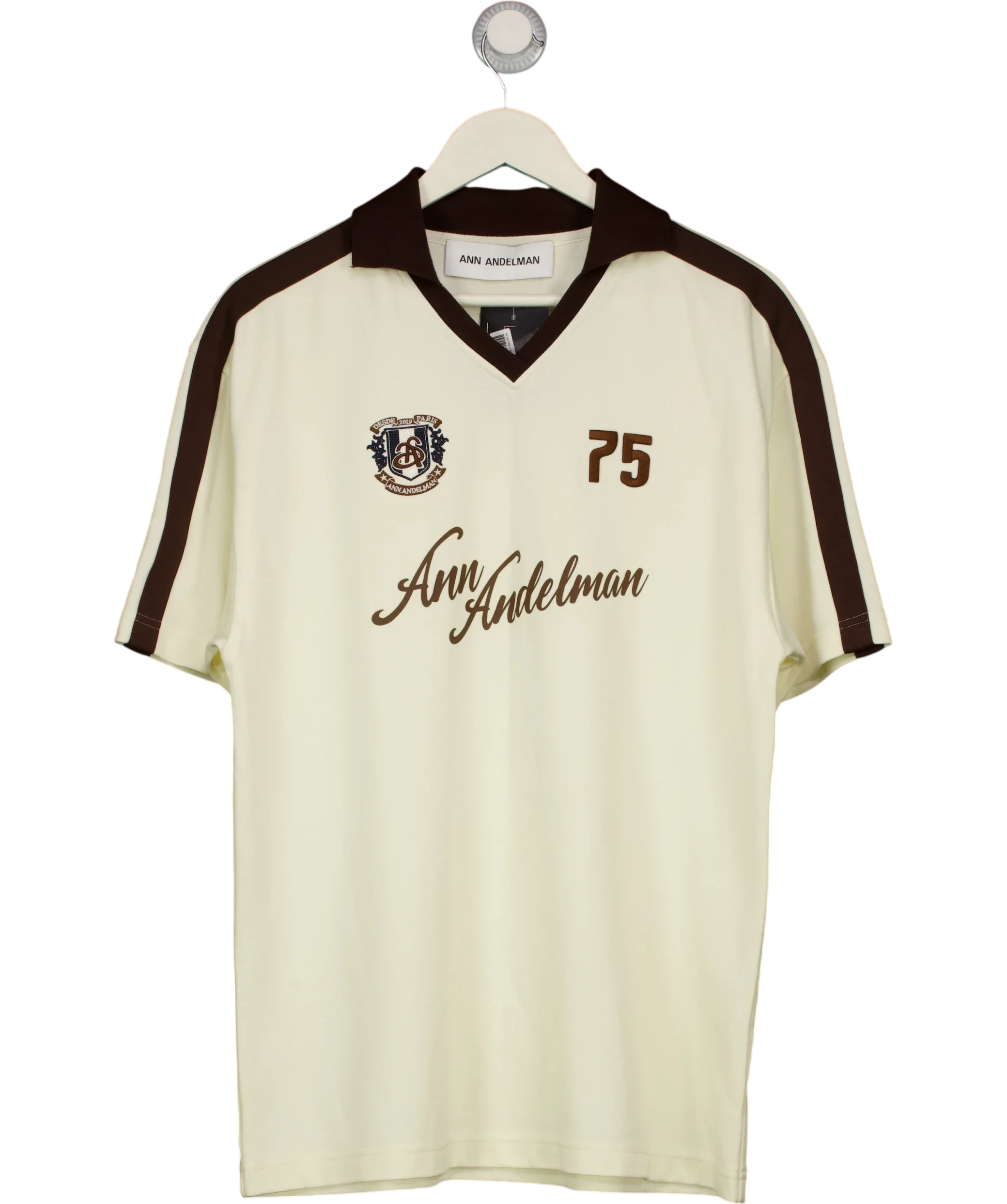 ANN ANDELMAN Cream Contrast Trim V-Neck Polo Jersey Cream, size UK M — front