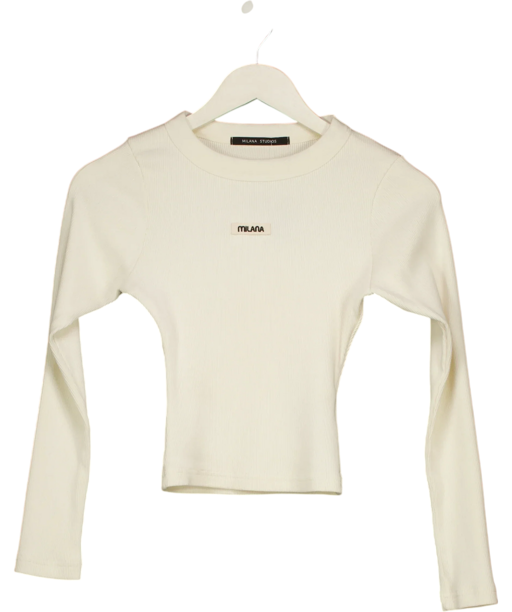 Milana Studios White Ribbed Long Sleeve Crop Top Cream, size UK S — front