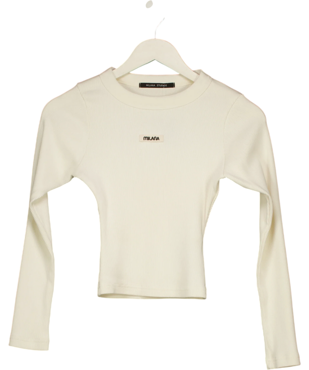 Milana Studios White Ribbed Long Sleeve Crop Top Cream, size UK S — front