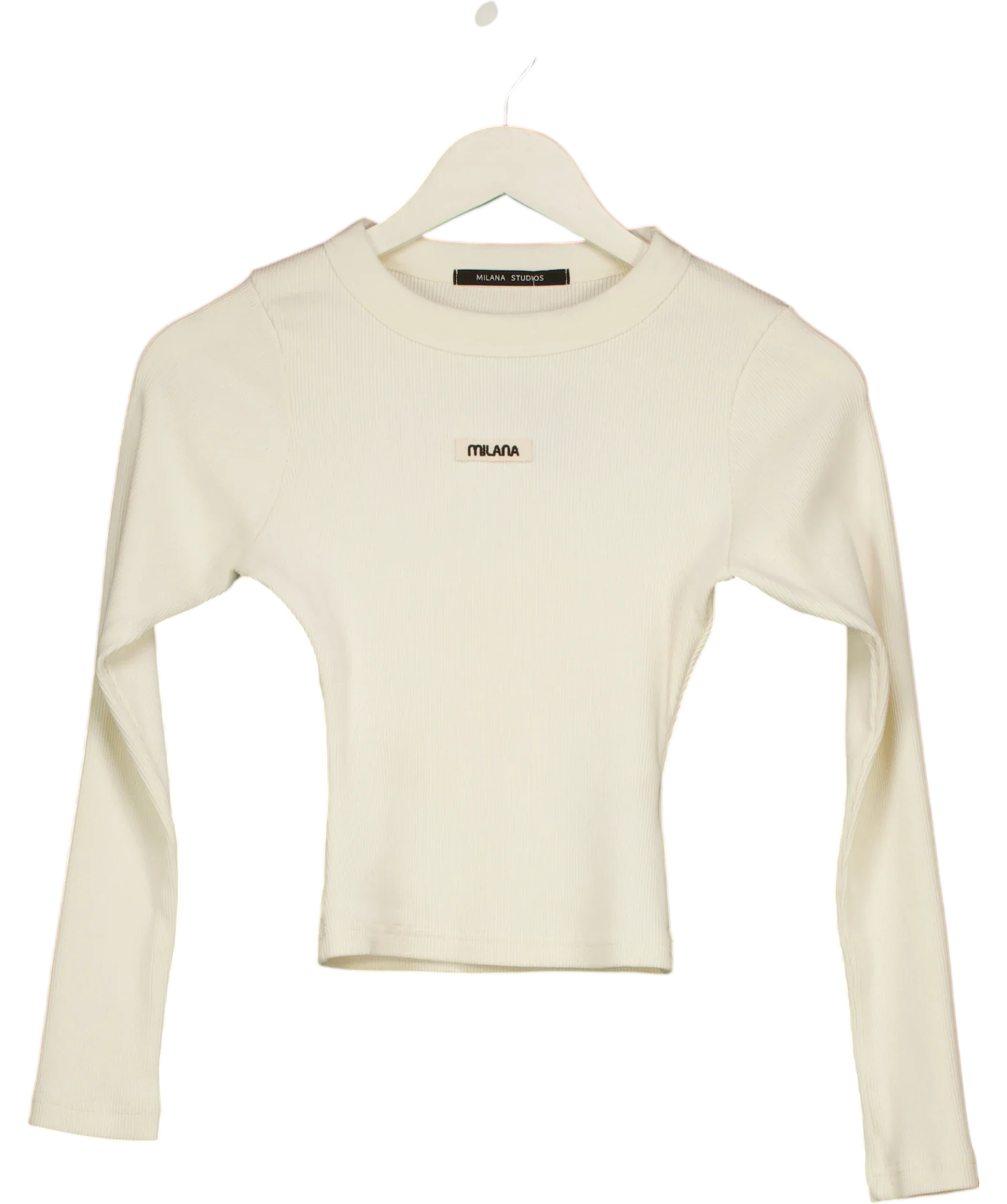 Milana Studios White Ribbed Long Sleeve Crop Top Cream, size UK S — front