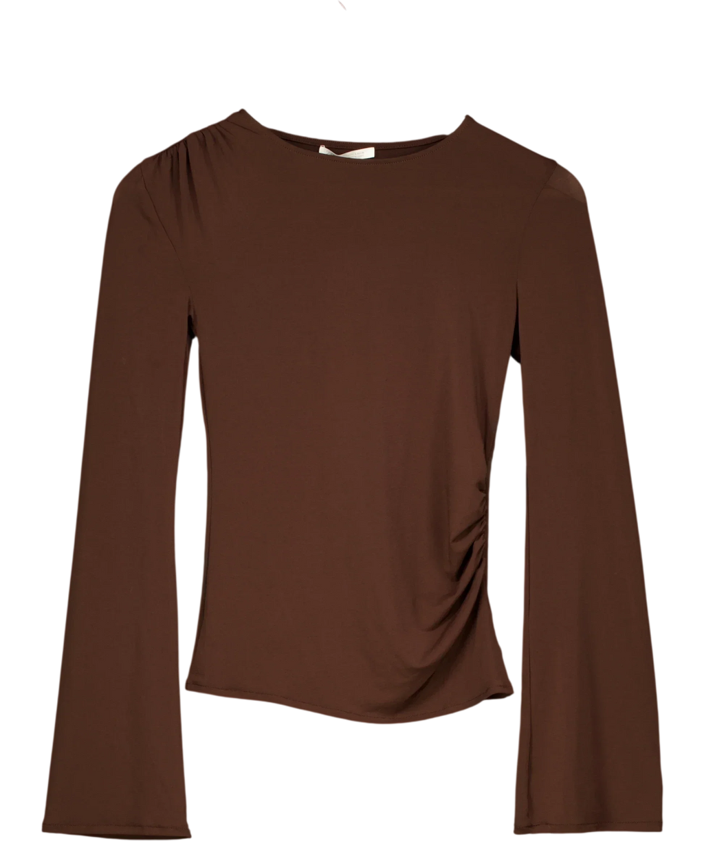 ZARA Brown Gathered Long Sleeve T-Shirt Brown, size UK S — front