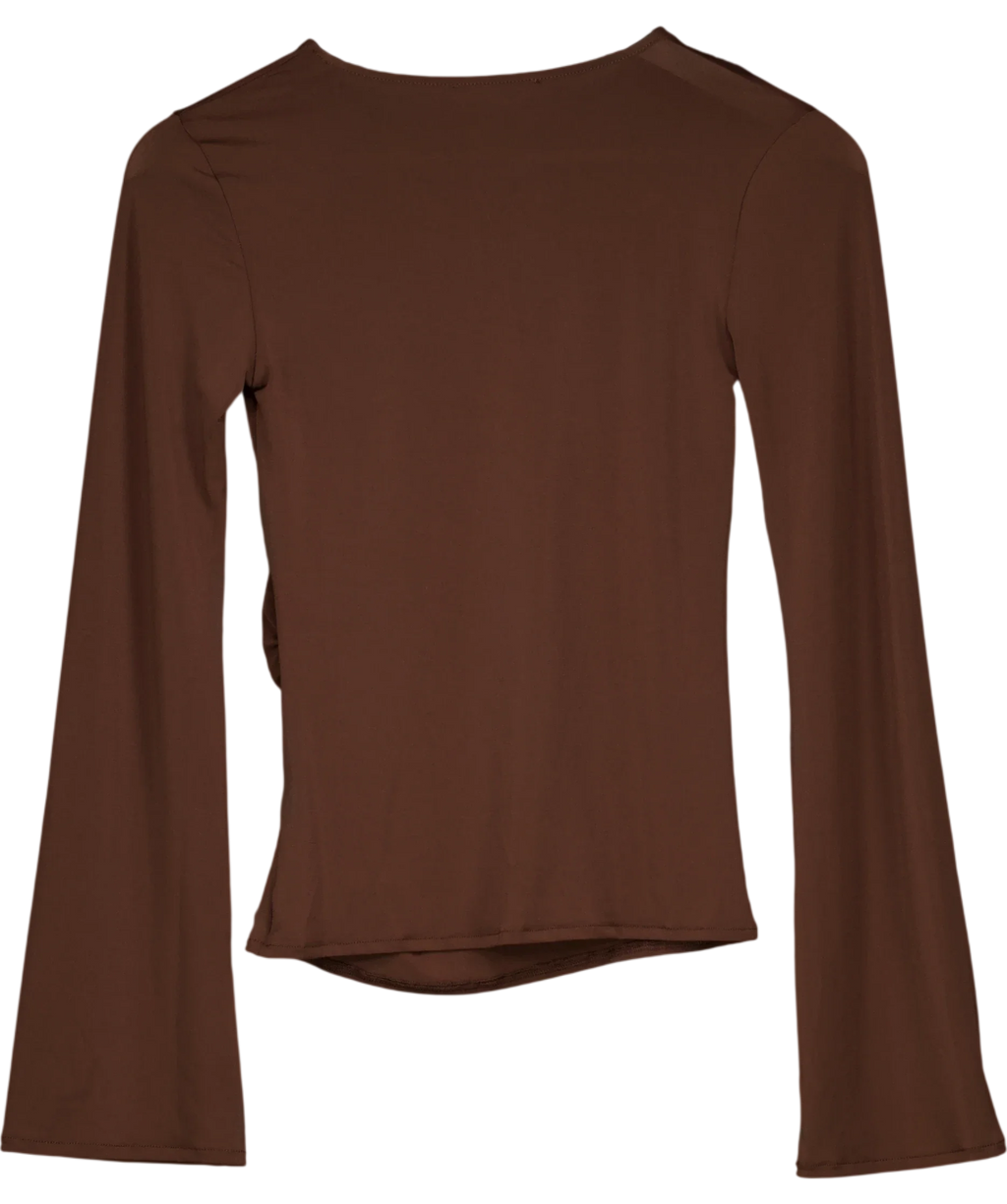 ZARA Brown Gathered Long Sleeve T-Shirt Brown, size UK S — back