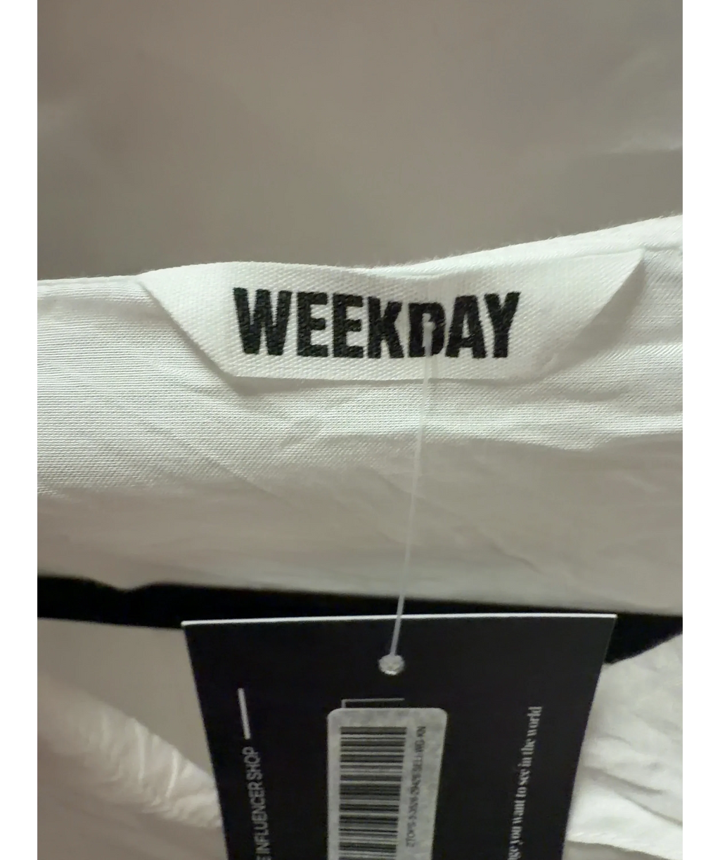 Weekday White Off White Tie Front Drawstring Blouse, size UK S — detail