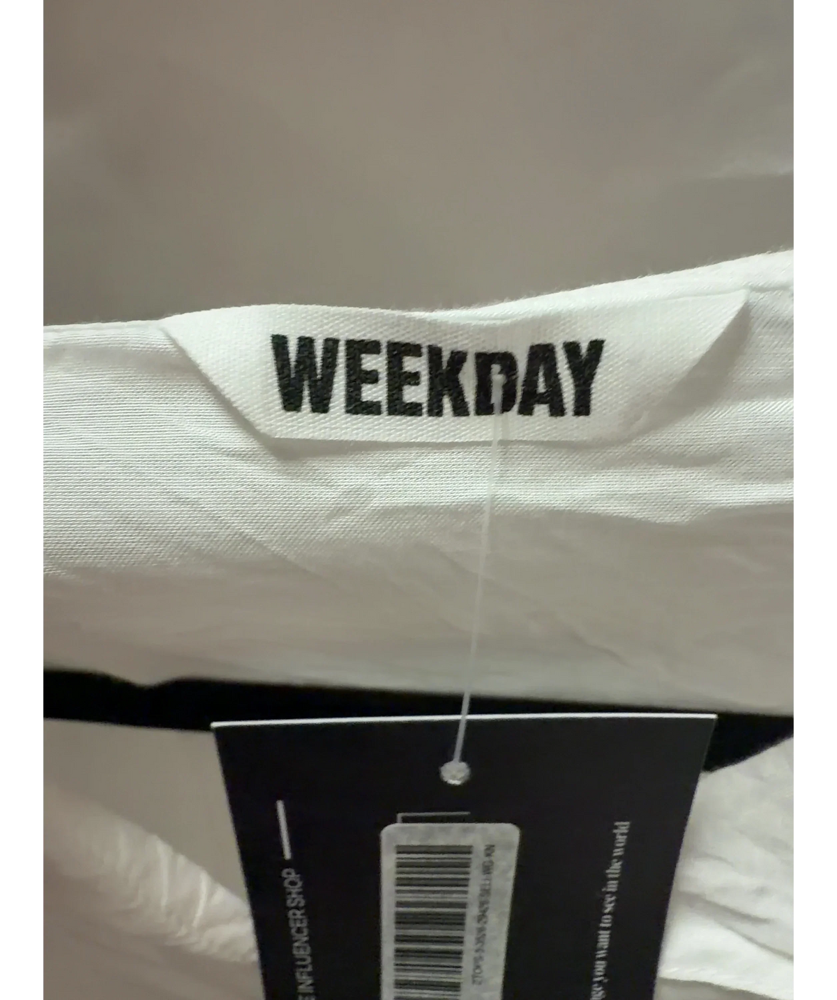 Weekday White Off White Tie Front Drawstring Blouse, size UK S — detail