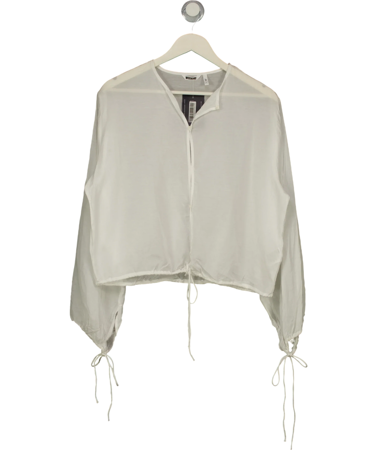 Weekday White Off White Tie Front Drawstring Blouse, size UK S — front