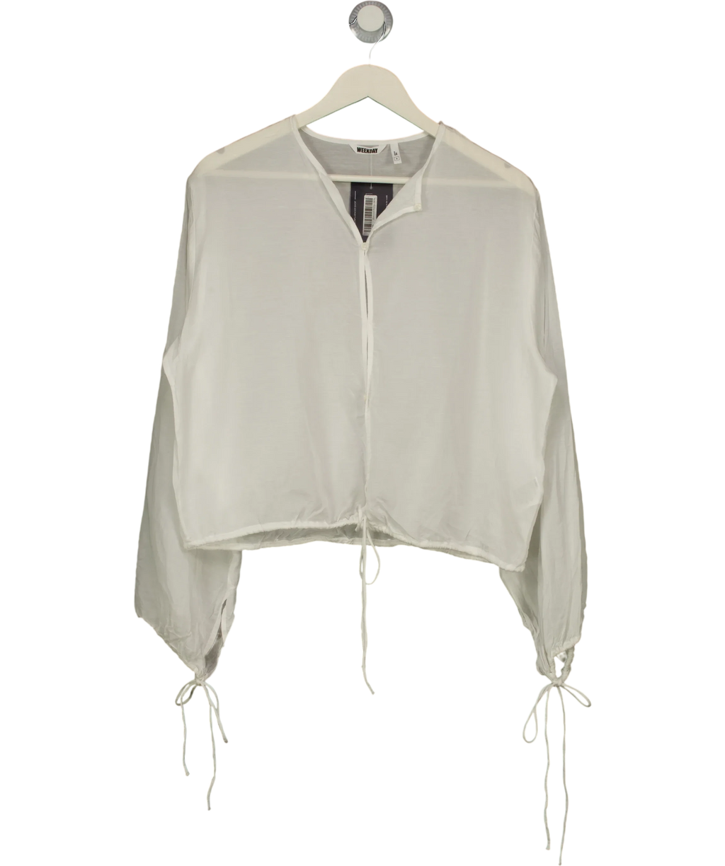 Weekday White Off White Tie Front Drawstring Blouse, size UK S — front