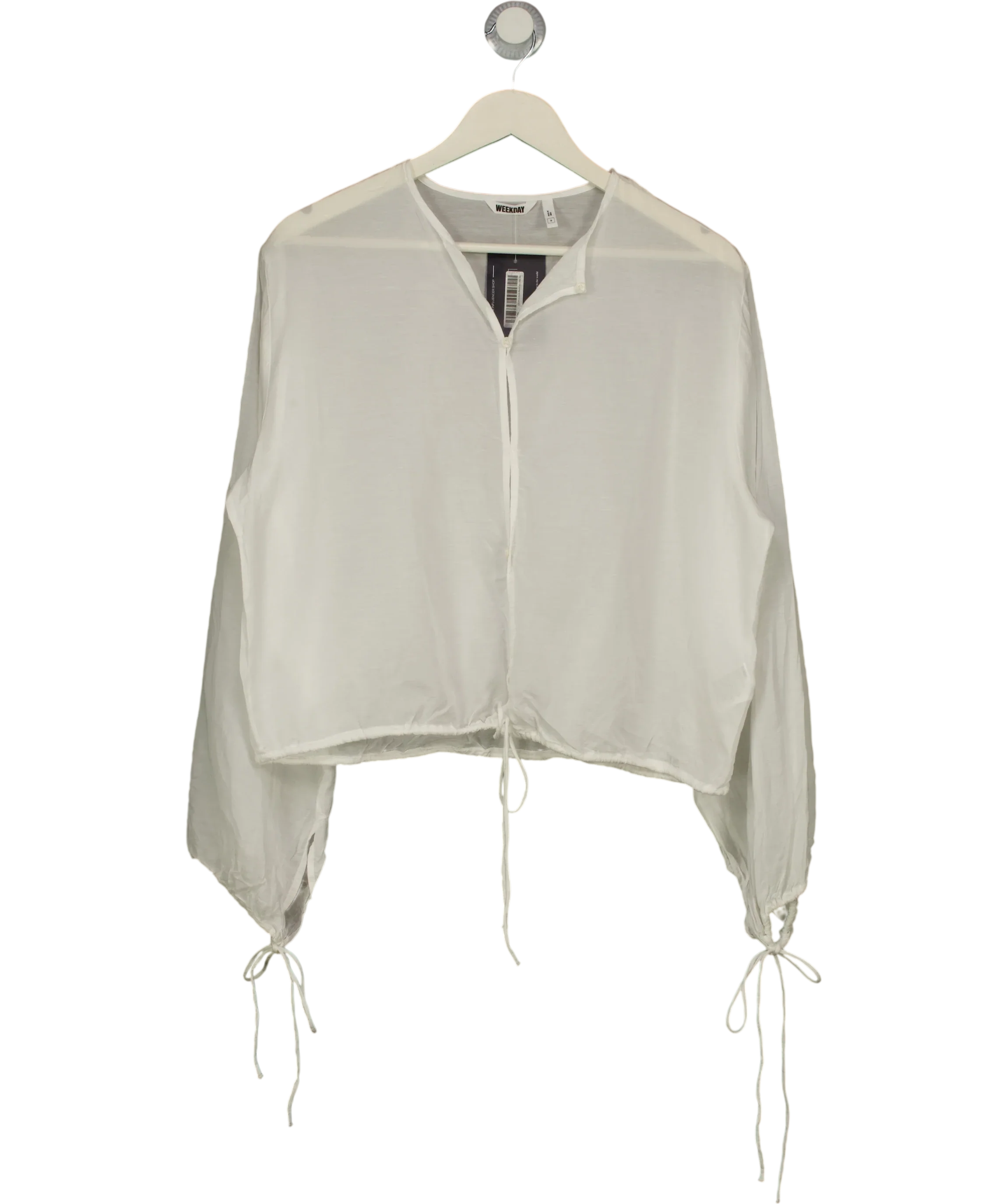 Weekday White Off White Tie Front Drawstring Blouse, size UK S — front