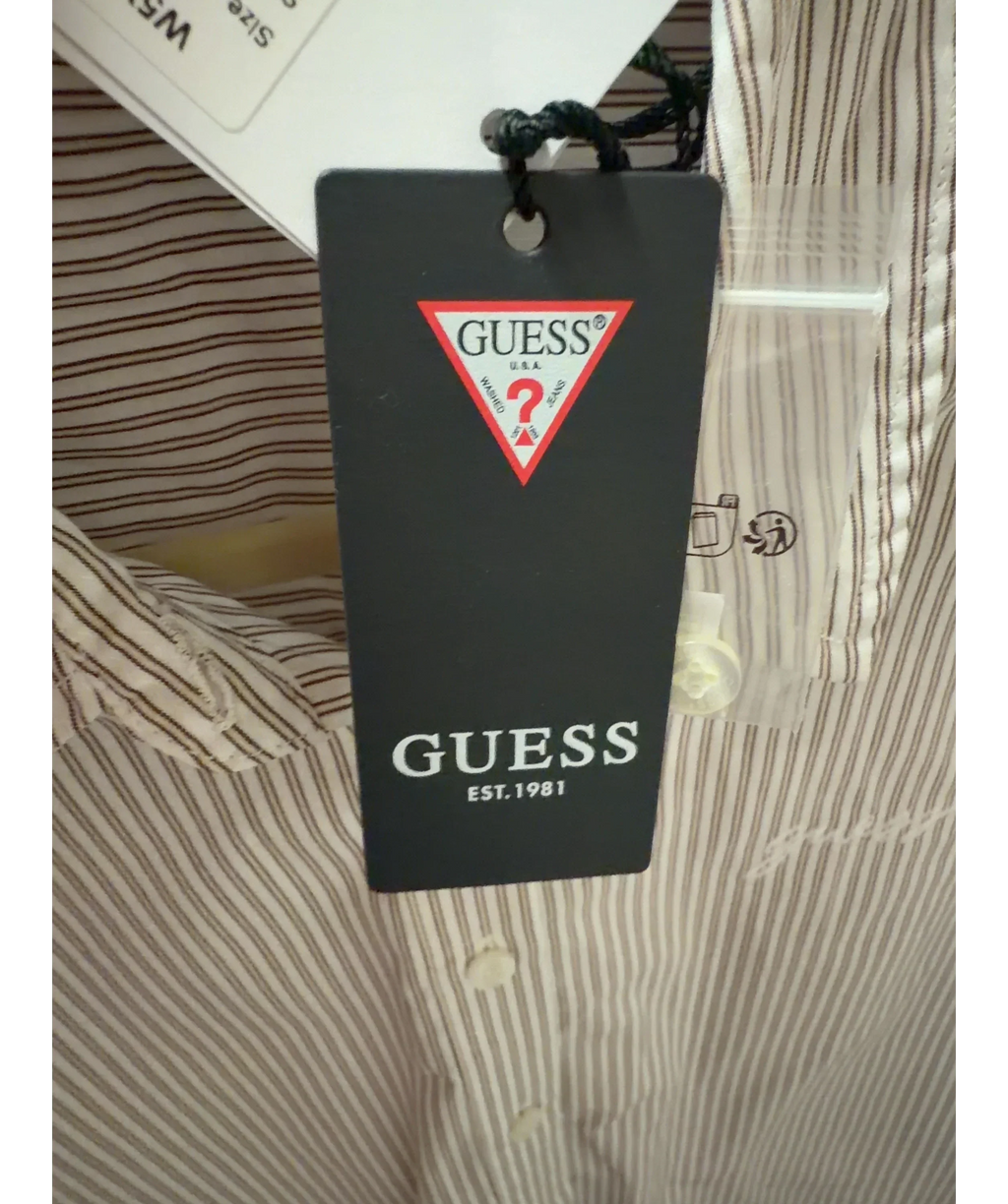 Guess White Lauriane Beige and White Striped Logo Shirt, size UK S — detail