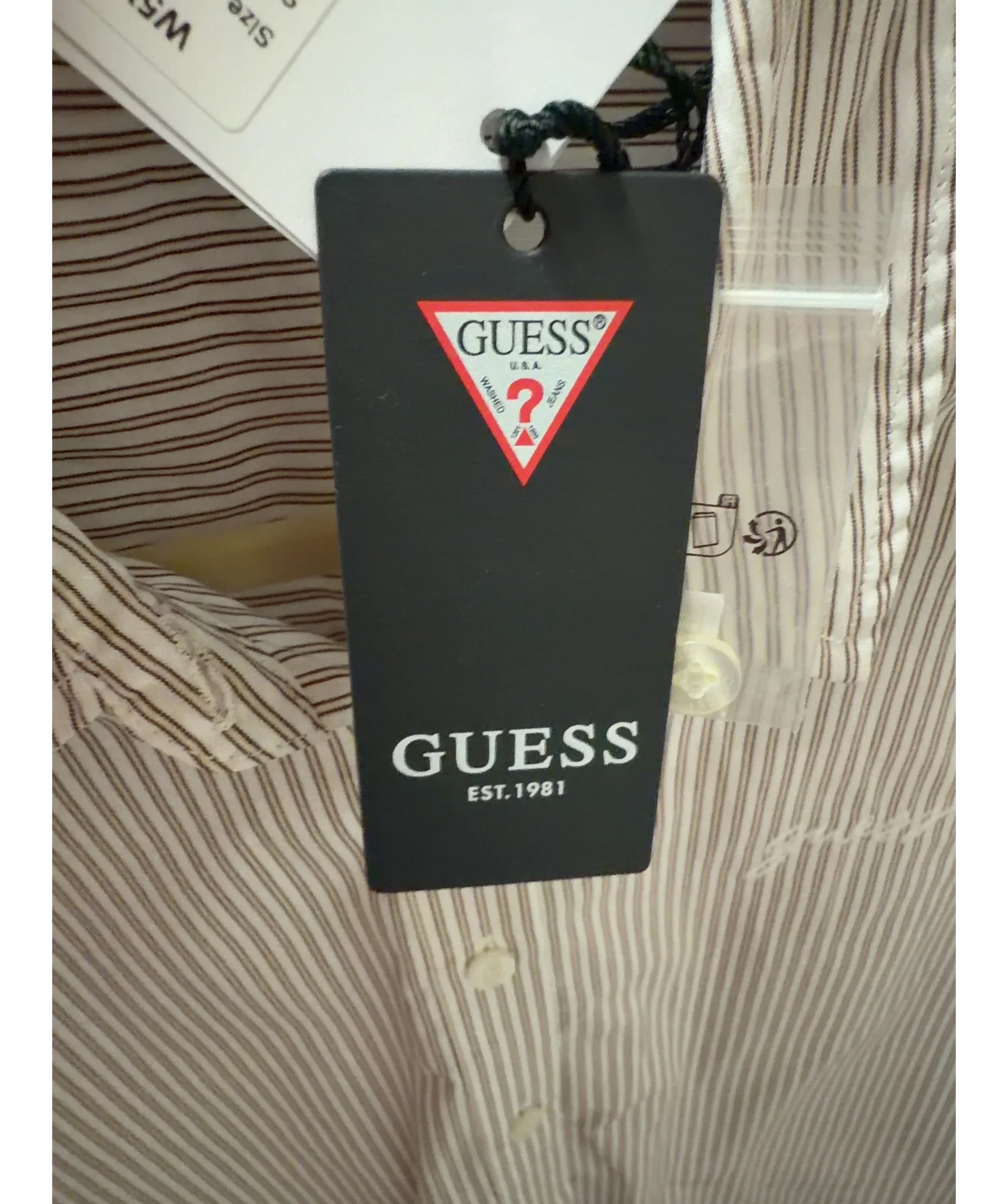 Guess White Lauriane Beige and White Striped Logo Shirt, size UK S — detail