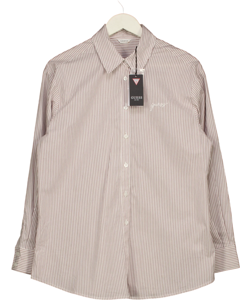 Guess White Lauriane Beige and White Striped Logo Shirt, size UK S — front