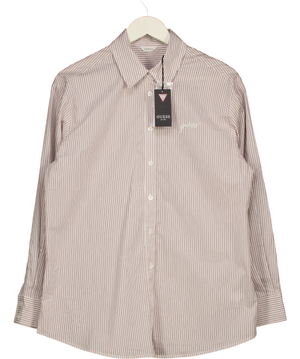 Guess Lauriane Beige And White Striped Logo Shirt UK S