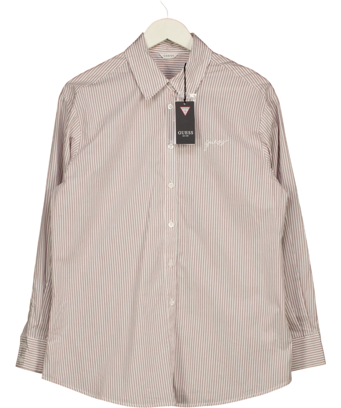Guess Lauriane Beige And White Striped Logo Shirt UK S