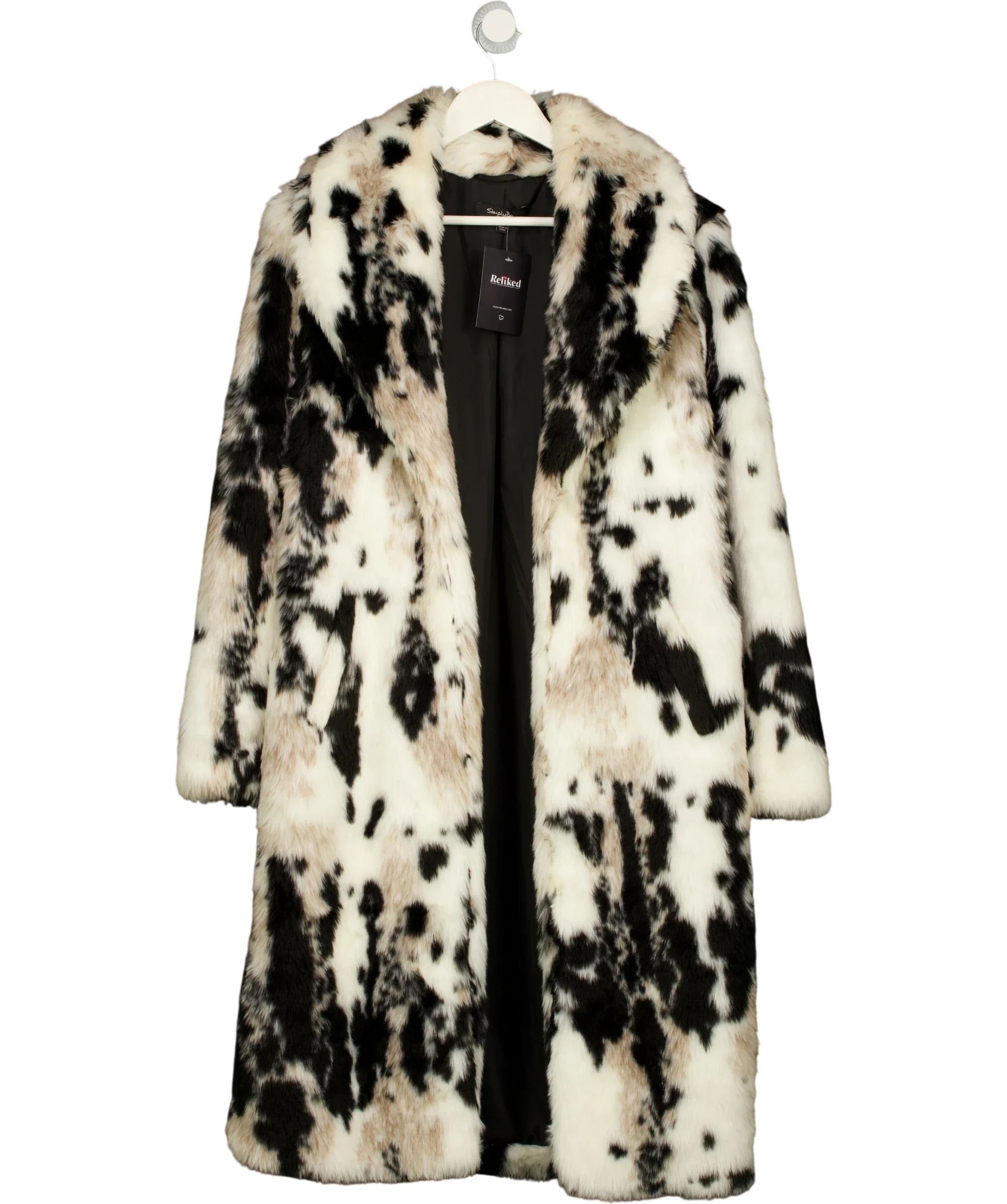 SimplyBe White Cow Print Faux Fur Longline Coat, size UK 10 — front