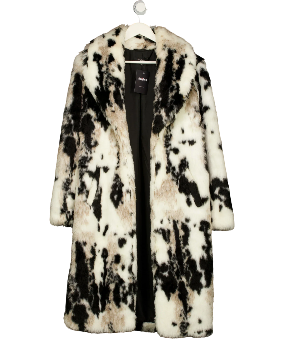 SimplyBe White Cow Print Faux Fur Longline Coat, size UK 10 — front