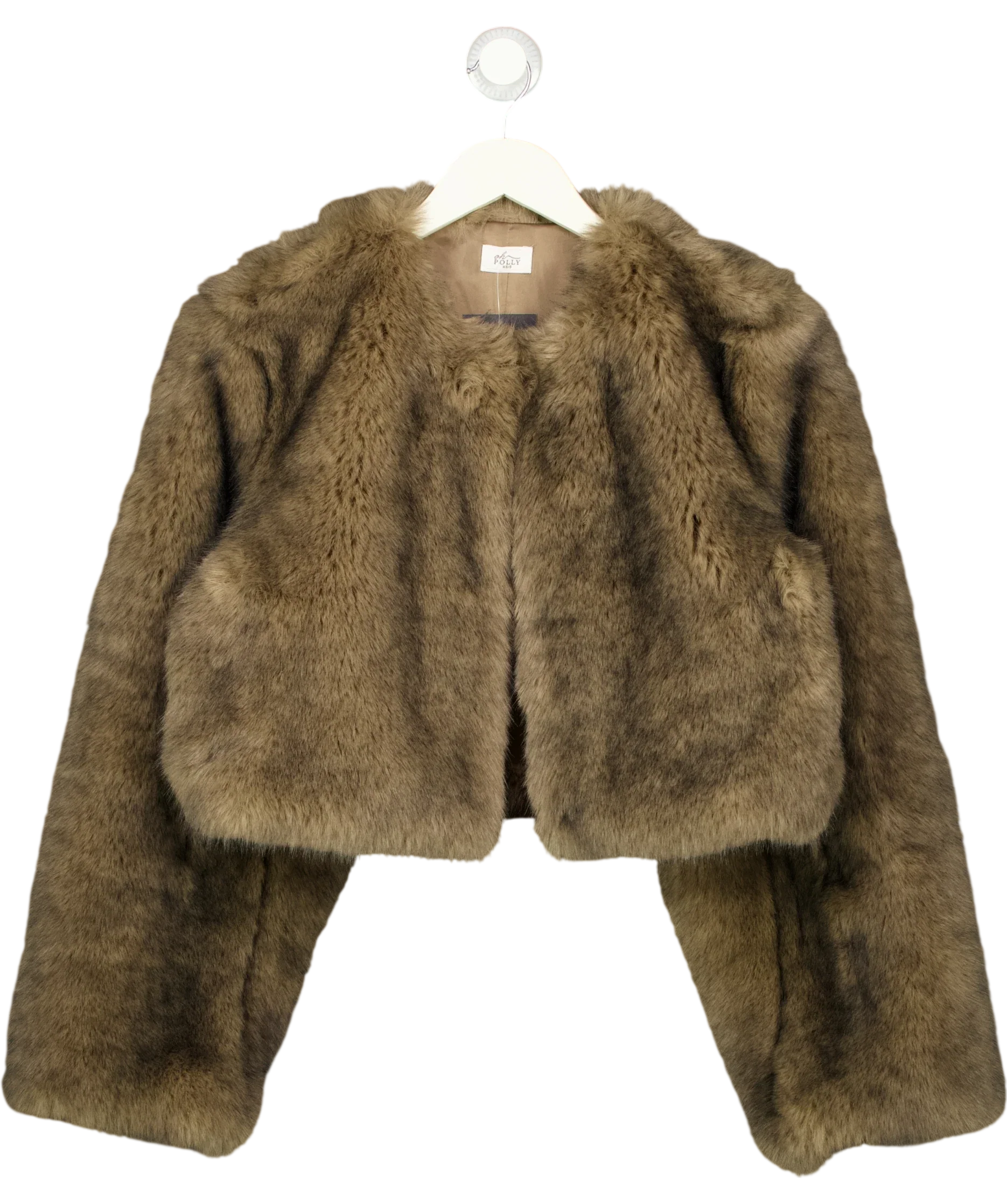 OH POLLY Brown Vintera Cropped Faux-Fur Jacket in Chocolate Brown, size UK XS/S — front