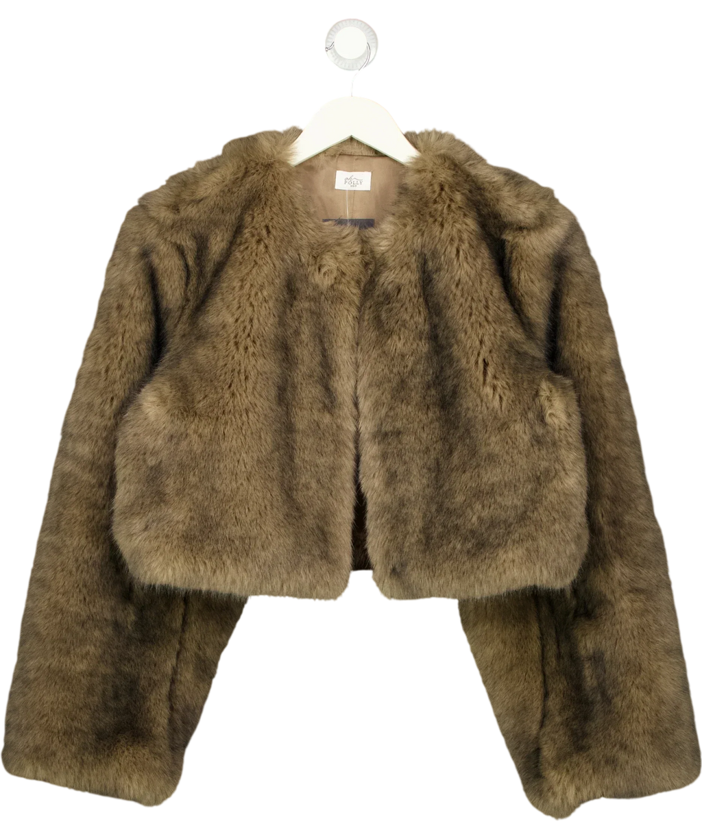 OH POLLY Brown Vintera Cropped Faux-Fur Jacket in Chocolate Brown, size UK XS/S — front