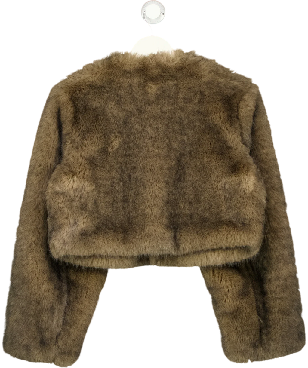 OH POLLY Brown Vintera Cropped Faux-Fur Jacket in Chocolate Brown, size UK XS/S — back