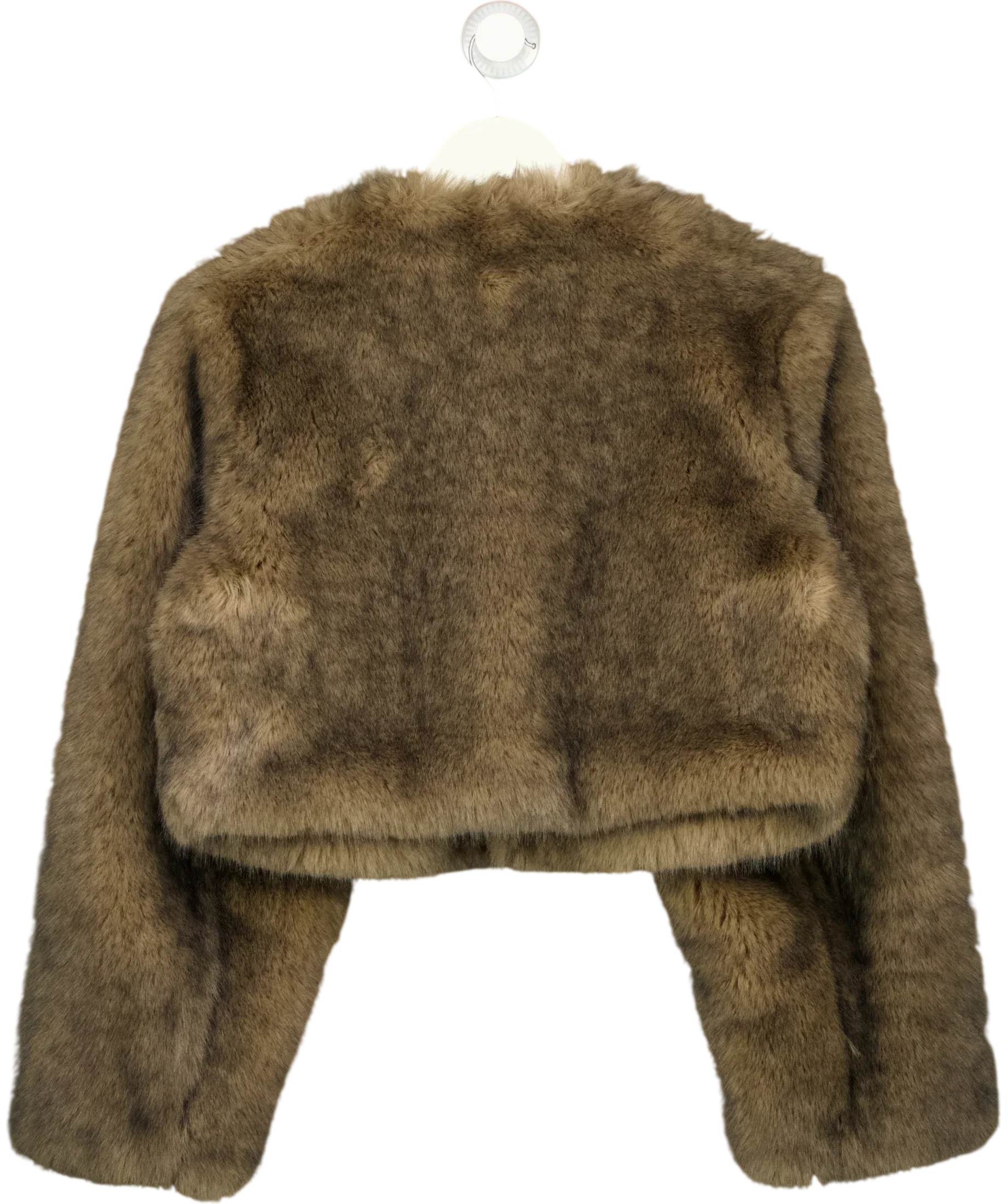 OH POLLY Brown Vintera Cropped Faux-Fur Jacket in Chocolate Brown, size UK XS/S — back