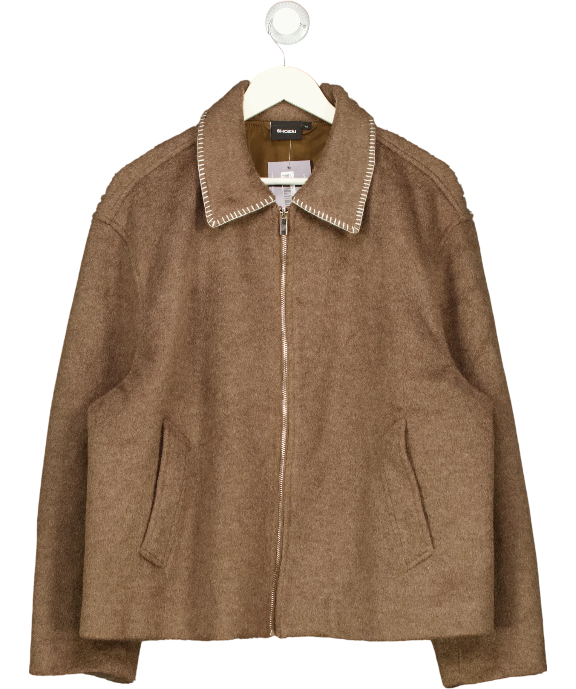 SHOSAI Brown Brown Wool Blend Stitch Detail Bomber Jacket, size UK M — front