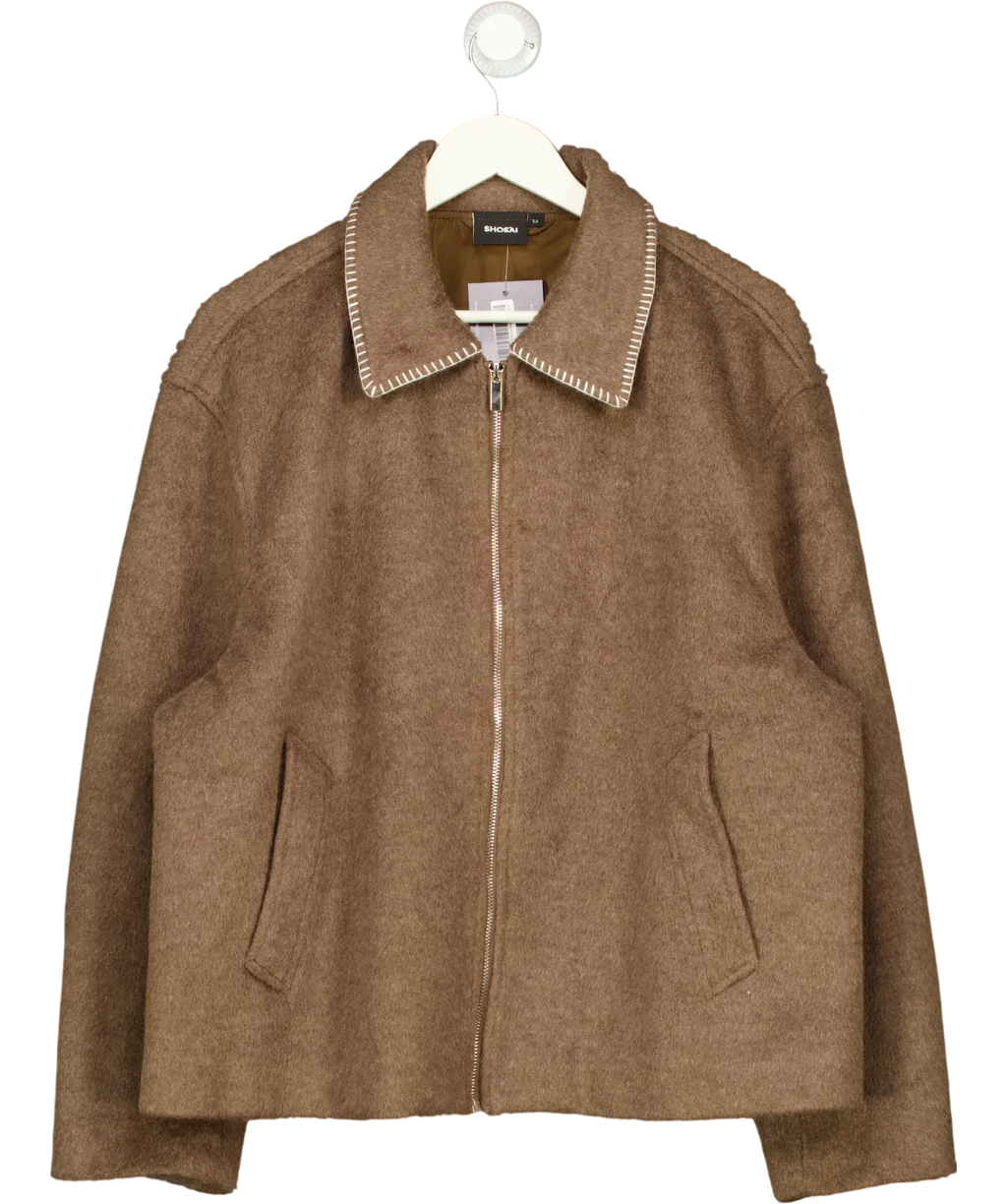 SHOSAI Brown Brown Wool Blend Stitch Detail Bomber Jacket, size UK M — front