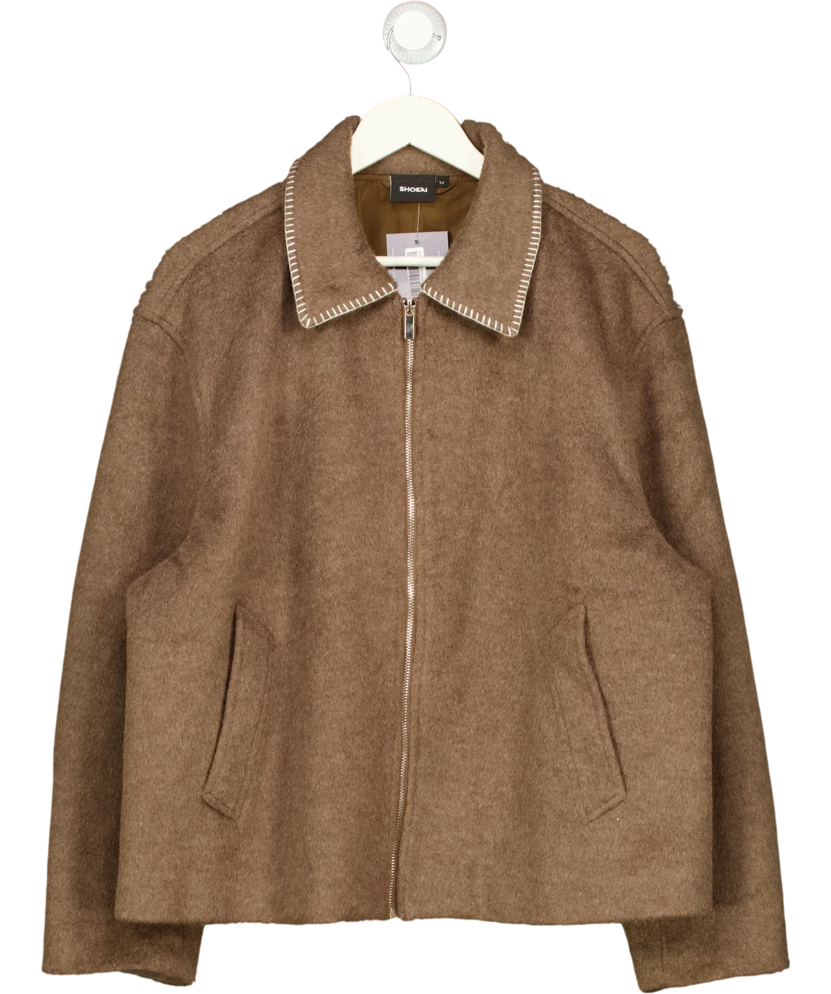 SHOSAI Brown Brown Wool Blend Stitch Detail Bomber Jacket, size UK M — front