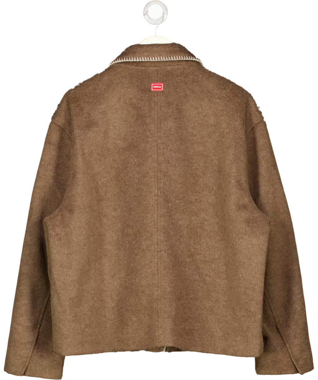 SHOSAI Brown Brown Wool Blend Stitch Detail Bomber Jacket, size UK M — back