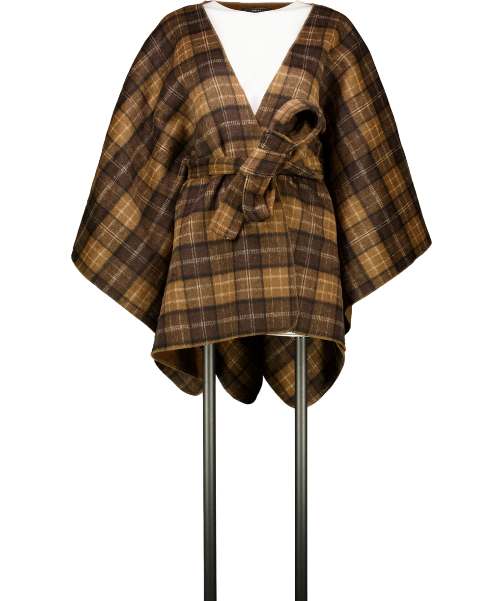 Next Brown Check Wrap Front Cape Poncho, size UK M/L — front