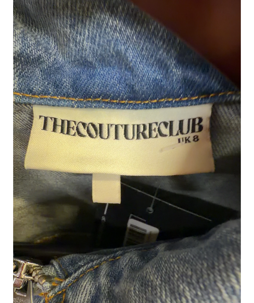 The Couture Club Blue Light Blue Cropped Zip Up Denim Jacket, size UK 8 — detail