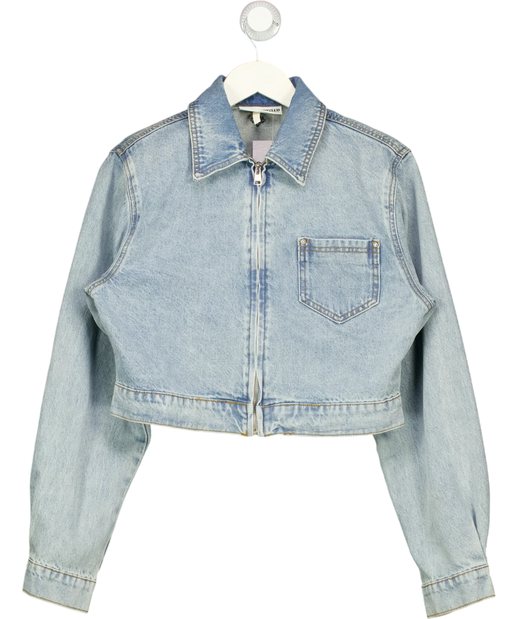 The Couture Club Blue Light Blue Cropped Zip Up Denim Jacket, size UK 8 — front