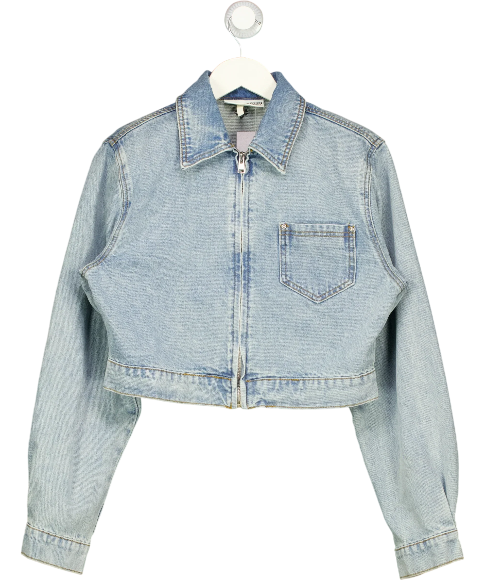 The Couture Club Blue Light Blue Cropped Zip Up Denim Jacket, size UK 8 — front