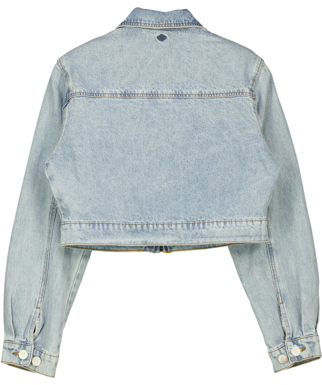 The Couture Club Blue Light Blue Cropped Zip Up Denim Jacket, size UK 8 — back