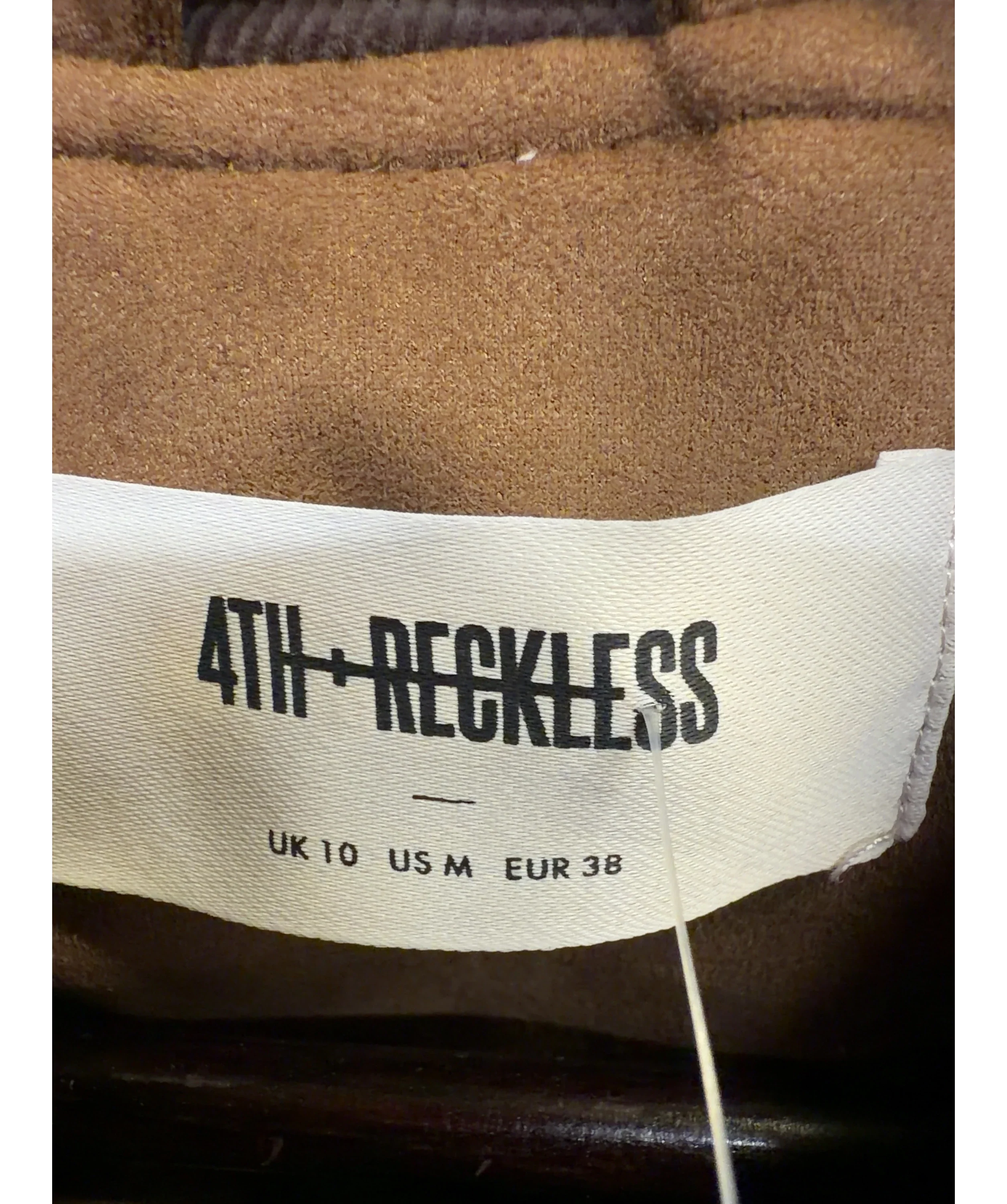 4th & Reckless Brown Shae Brown Faux Suede Contrast Collar Barn Jacket, size UK 10 — care label
