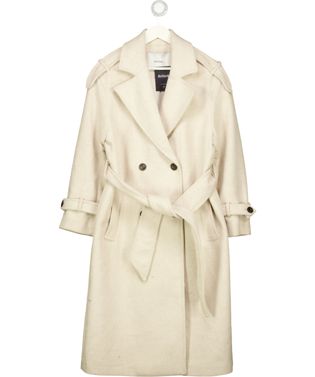 Bershka Cream Cream Wool Blend Double Breasted Trench Coat, size UK S — front